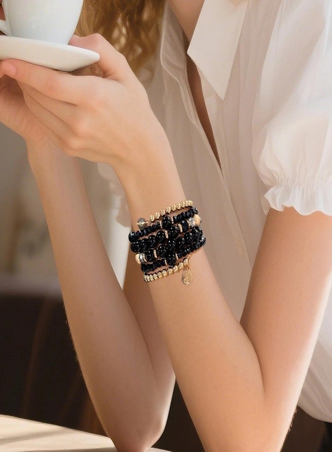 Coiris Multi Layers Statement Yellow Beaded Bracelet Adjustable Strand Bangle Bracelet for Women(BR1202-BlackGold) - Image 4