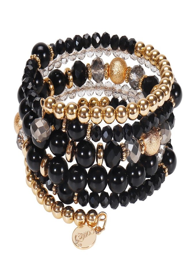 Coiris Multi Layers Statement Yellow Beaded Bracelet Adjustable Strand Bangle Bracelet for Women(BR1202-BlackGold) - Image 1