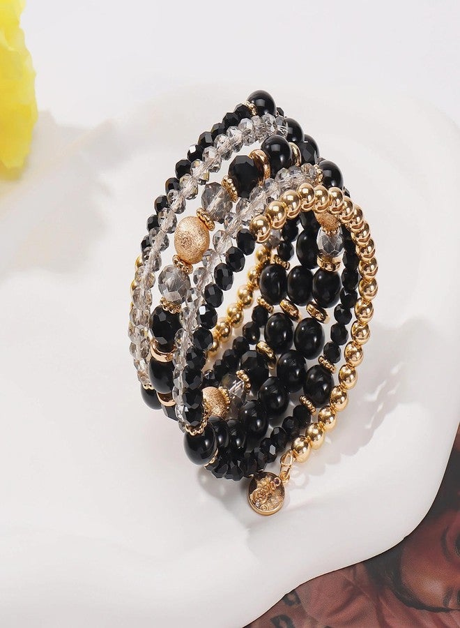 Coiris Multi Layers Statement Yellow Beaded Bracelet Adjustable Strand Bangle Bracelet for Women(BR1202-BlackGold) - Image 3