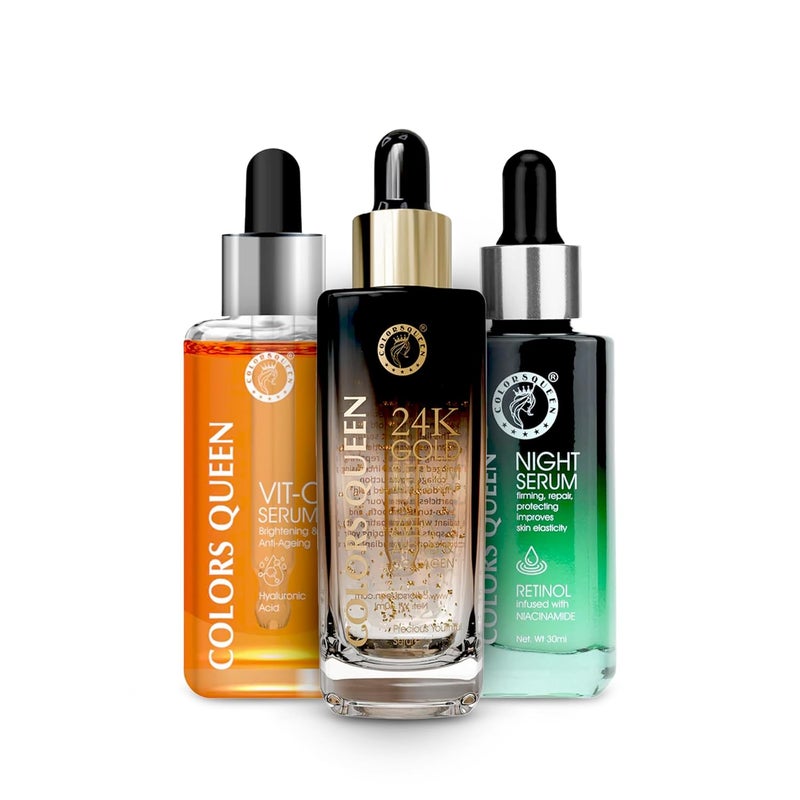 COLORS QUEEN Colors Queen Skin Regime Combo Pack of 3 with Vitamin C Face Serum  24K Gold Serum and Retinol Night Serum for Face  AntiAgeing  Hydrating Face Serum - Image 1