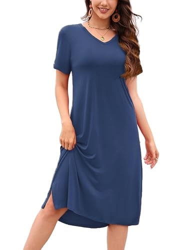VOBCTY V Neck Stretchy Dress for Women Summer Short Sleeve Solid Dresses Beja Blue Large - Image 1