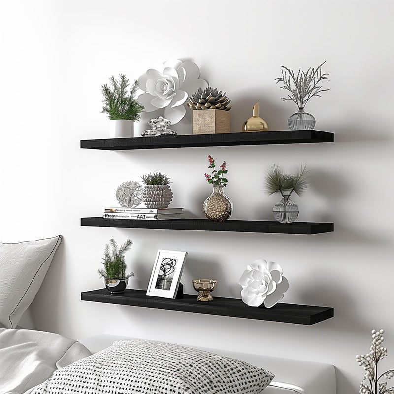 YYWUOJJ Wood Floating Shelves for Wall Decor, Rustic Wall Shelves for Bedroom Bathroom Kitchen Living Room, Set of 4 Black 36 Inch - Image 5