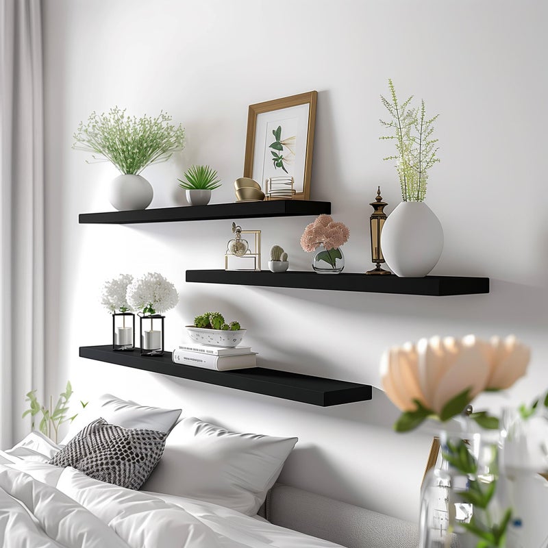 YYWUOJJ Wood Floating Shelves for Wall Decor, Rustic Wall Shelves for Bedroom Bathroom Kitchen Living Room, Set of 4 Black 36 Inch - Image 4