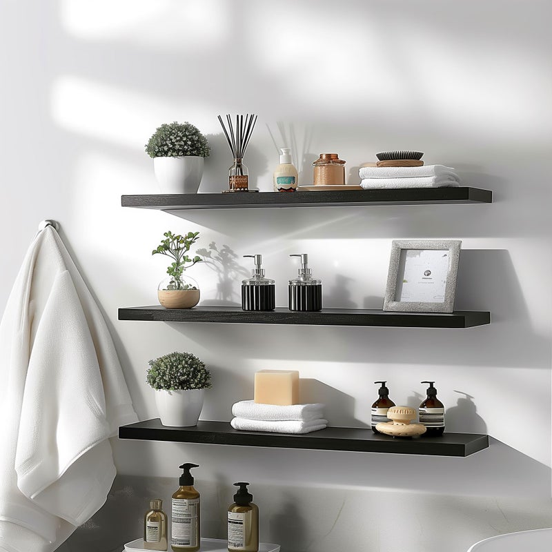 YYWUOJJ Wood Floating Shelves for Wall Decor, Rustic Wall Shelves for Bedroom Bathroom Kitchen Living Room, Set of 4 Black 36 Inch - Image 3
