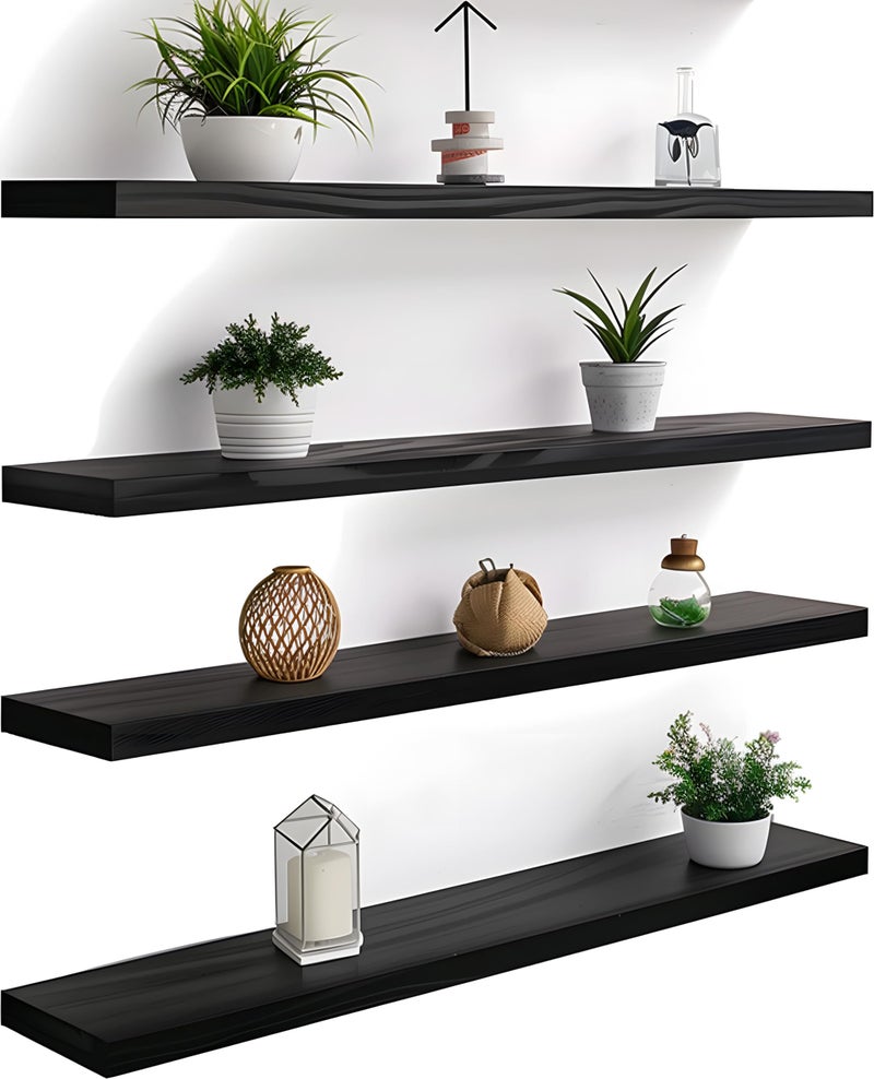 YYWUOJJ Wood Floating Shelves for Wall Decor, Rustic Wall Shelves for Bedroom Bathroom Kitchen Living Room, Set of 4 Black 36 Inch - Image 1