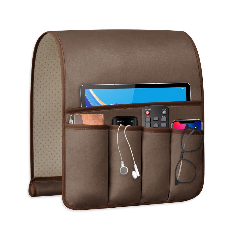 WETRBWEH Remote Control Holder for Armchair, Couch Caddy Organizer TV Remote Holder for Bed Storage 5 Pockets, Remote Caddy Bedside Organizer Bedside Table Organizer (Brown, 35"x12.4") - Image 1