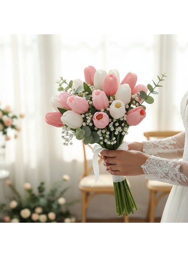 10pcs Super Real Touch Artificial Tulip Flowers – Mixed Color Variant (4 Pink + 3 Light Pink + 3 White) | 47.5cm Long Stem, Soft Moist Texture | Ideal for Home/Wedding/Party/Office Decor - Image 5