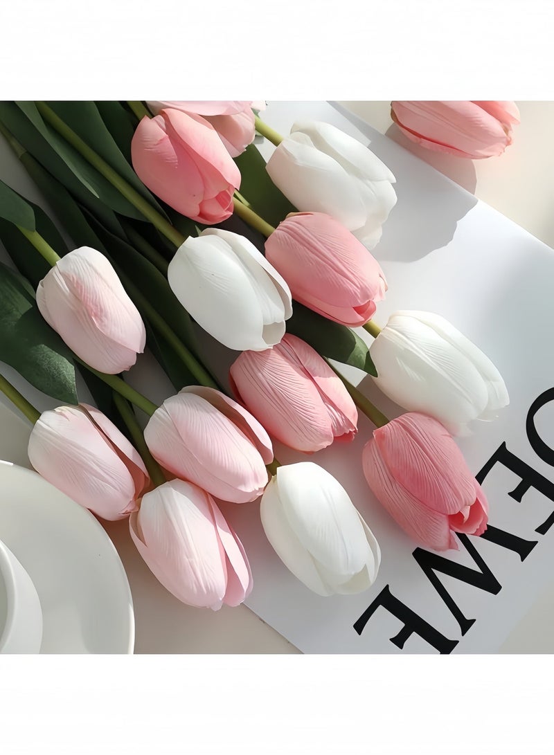 10pcs Super Real Touch Artificial Tulip Flowers – Mixed Color Variant (4 Pink + 3 Light Pink + 3 White) | 47.5cm Long Stem, Soft Moist Texture | Ideal for Home/Wedding/Party/Office Decor - Image 1