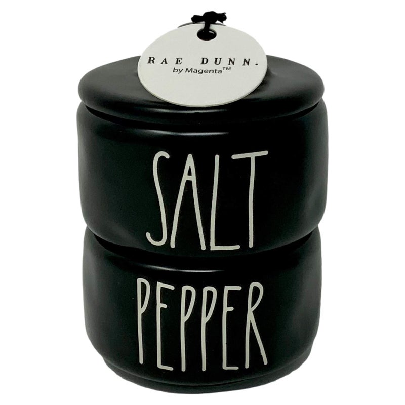 RAE DUNN BY MAGENTA Rae Dunn Black Salt and Pepper Cellars  2 Piece Stackable  Beautiful Black Ceramic Salt and Pepper Cellars with LL Font White Letters Perfect Match to Other Rae Dunn Kitchen Dcor Items 