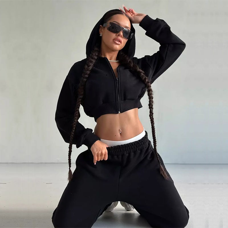 Women's Casual Tracksuit Set - Hooded Crop Top and Jogger Pants - Image 2