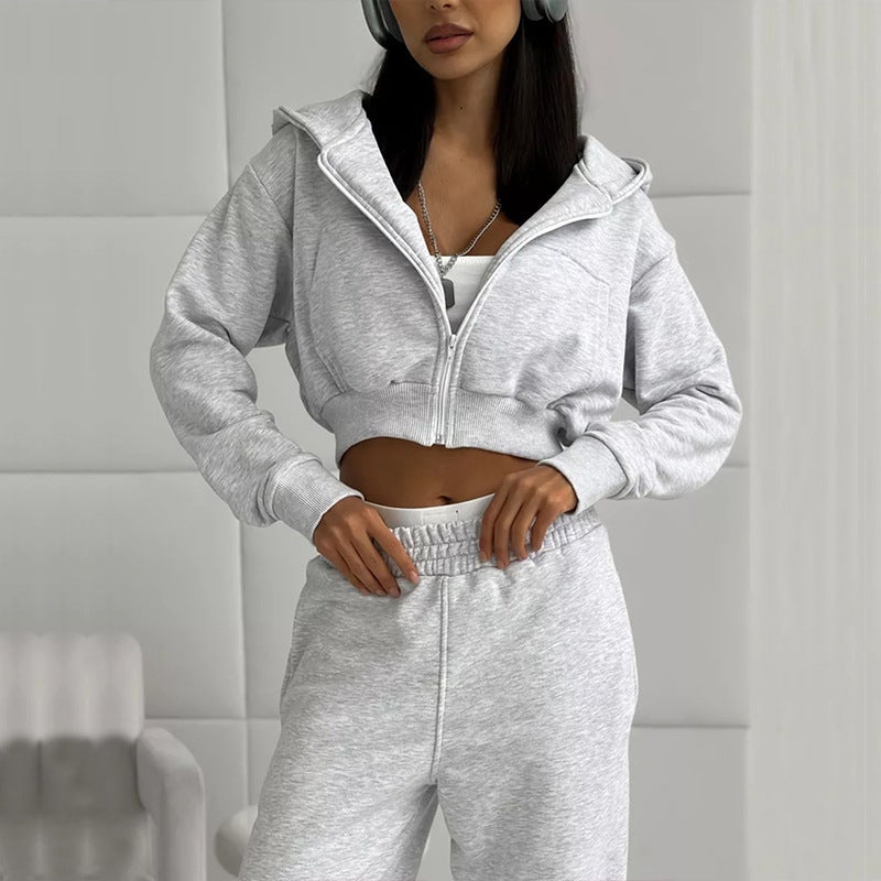 Women's Casual Tracksuit Set - Hooded Crop Top and Jogger Pants - Image 4