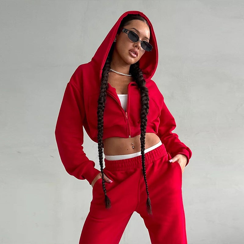 Women's Casual Tracksuit Set - Hooded Crop Top and Jogger Pants - Image 5