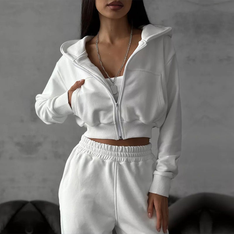 Women's Casual Tracksuit Set - Hooded Crop Top and Jogger Pants - Image 3