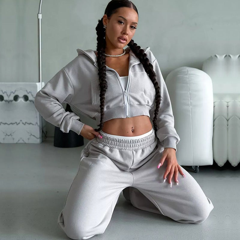 Women's Casual Tracksuit Set - Hooded Crop Top and Jogger Pants - Image 1