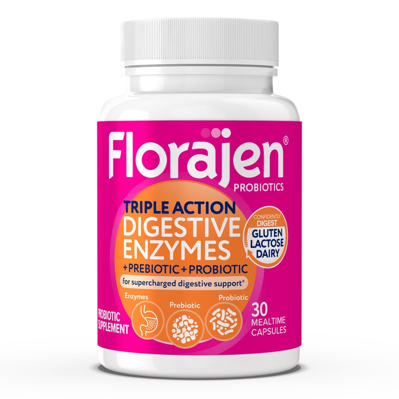 Florajen Digestive Enzymes with Probiotics Prebiotics Triple Action Formula for Gut Health Bloating Gas Relief Supports Gluten Dairy Digestion Clean NonGMO 30 Count