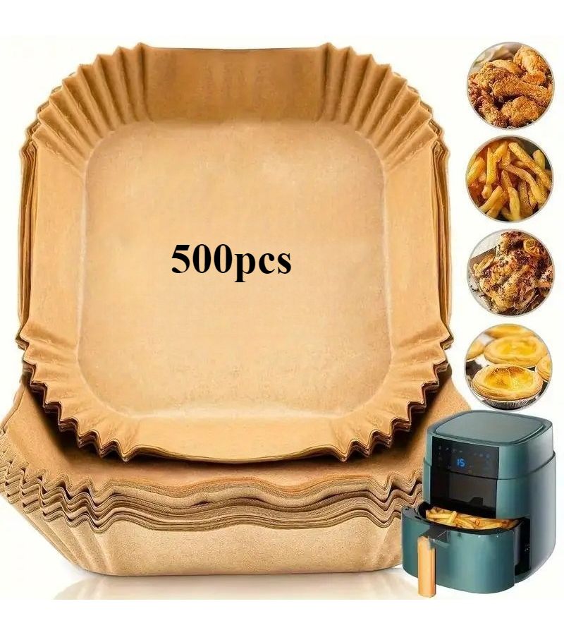 500pcs Brownish Yellow Air Fryer Gasket Disposable Baking Paper Pads Non-Stick - Image 1