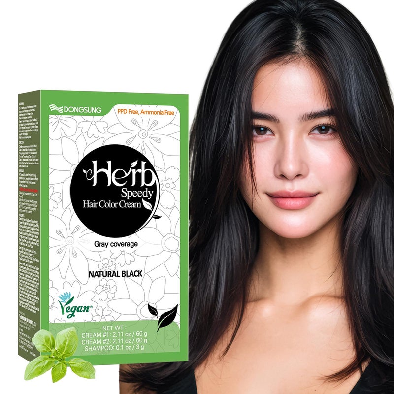 Herb Speedy كريم لون الأعشاب السريع من دونغسونغ أسود طبيعي - صبغة شعر نباتية كورية، خالية من PPD، خالية من الأمونيا، مضادة للحساسية - تغطية 100% للشيب بدون رائحة، مختبر جلدياً، تطبيق سريع خلال 20 دقيقة - Image 1