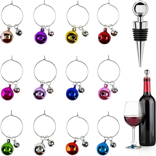 VGEUNA Wine Glass Charms for Stem Glasses with Bottle Stopper Set, Jingle Bell Drink Markers Identifiers Tags for Tasting Party Wine Night - Image 1