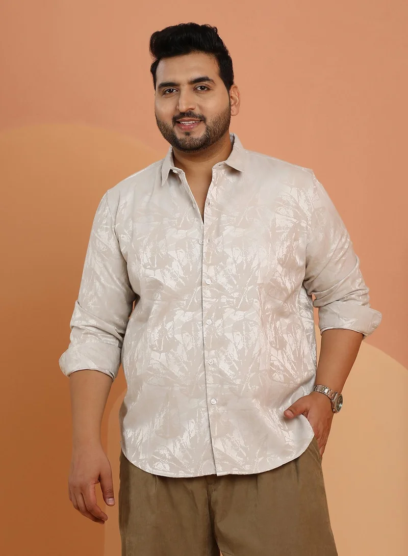 Instafab Plus Instafab Plus Men's Peanut Beige Foliage-Jacquard Shirt For Casual Wear | Spread Collar | Long Cuffed Sleeves | Button Closure | Plus Size Shirt Crafted With Comfort Fit For Everyday Wear