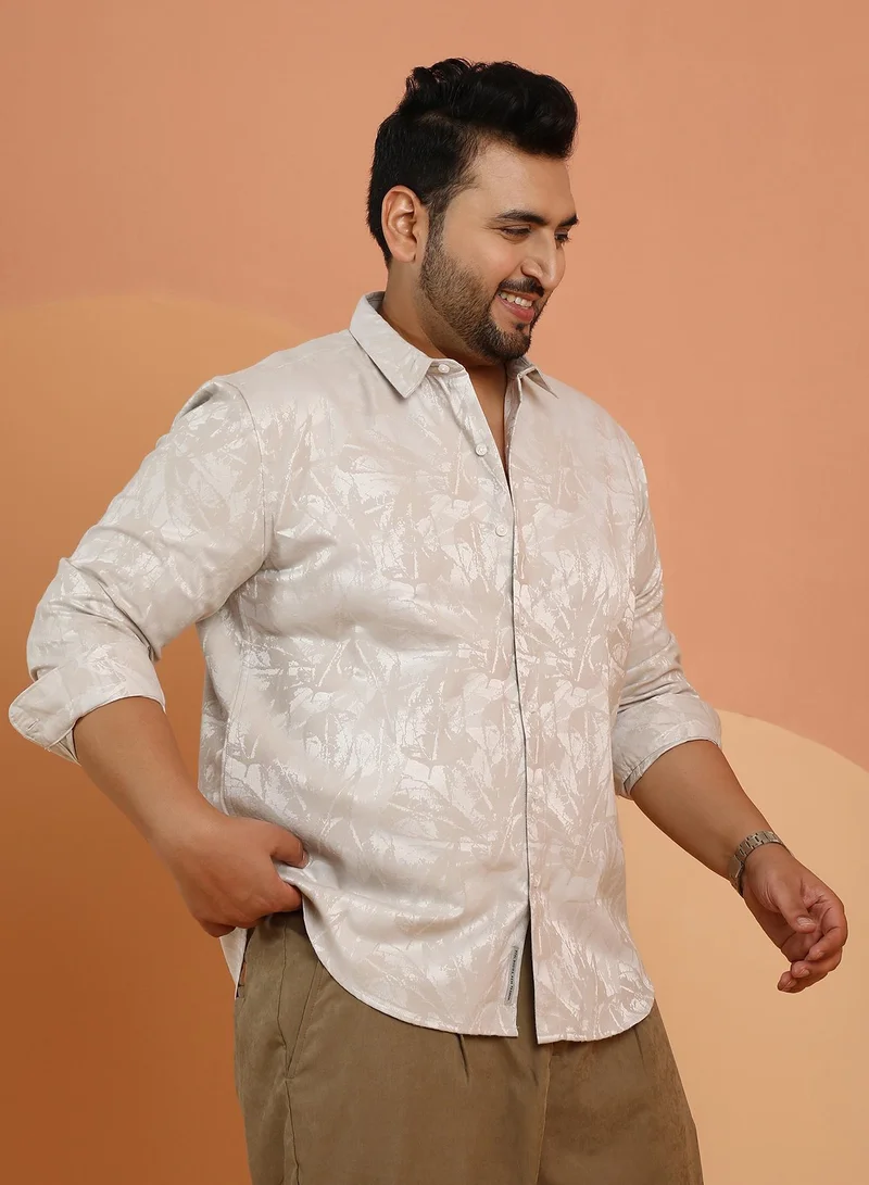Instafab Plus  Instafab Plus Men's Peanut Beige Foliage-Jacquard Shirt For Casual Wear | Spread Collar | Long Cuffed Sleeves | Button Closure | Plus Size Shirt Crafted With Comfort Fit For Everyday Wear for Men | Best Price UAE