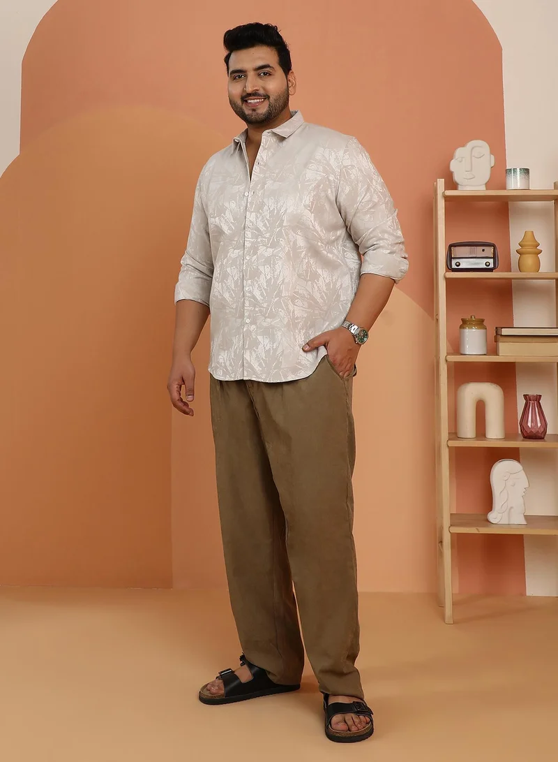 Instafab Plus  Instafab Plus Men's Peanut Beige Foliage-Jacquard Shirt For Casual Wear | Spread Collar | Long Cuffed Sleeves | Button Closure | Plus Size Shirt Crafted With Comfort Fit For Everyday Wear for Men | Best Price UAE