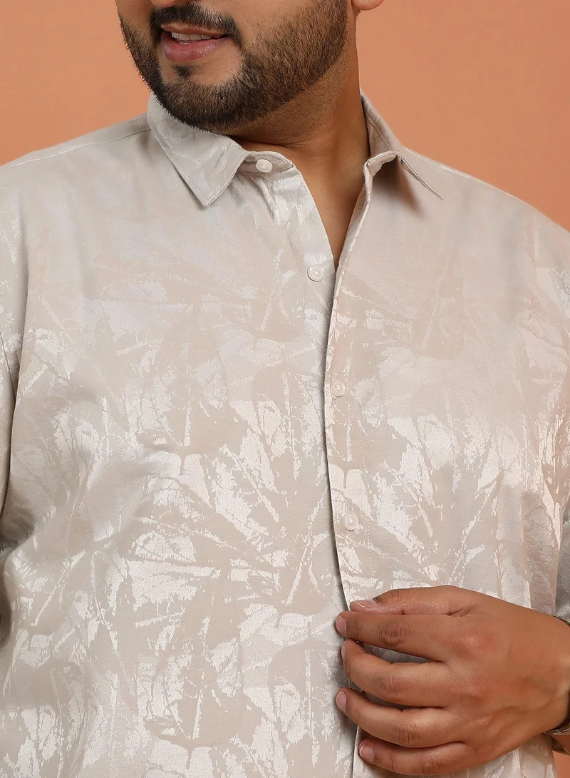Instafab Plus  Instafab Plus Men's Peanut Beige Foliage-Jacquard Shirt For Casual Wear | Spread Collar | Long Cuffed Sleeves | Button Closure | Plus Size Shirt Crafted With Comfort Fit For Everyday Wear for Men | Best Price UAE