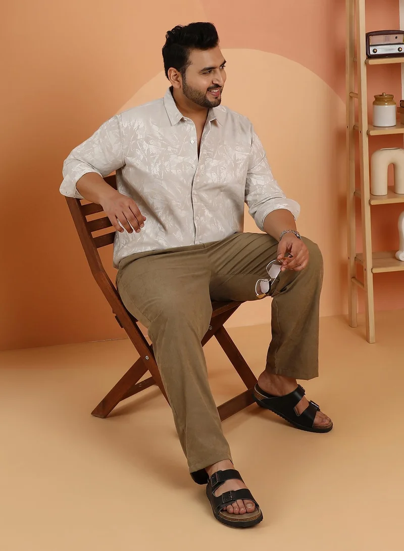Instafab Plus  Instafab Plus Men's Peanut Beige Foliage-Jacquard Shirt For Casual Wear | Spread Collar | Long Cuffed Sleeves | Button Closure | Plus Size Shirt Crafted With Comfort Fit For Everyday Wear for Men | Best Price UAE
