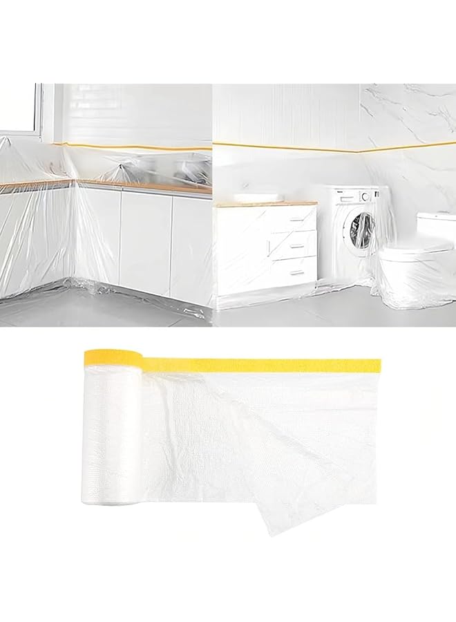 Goodern 2.7M X 20M Tape And Drape Plastic Drop Cloth Plastic Sheeting With Masking Tape Waterproof Dust Proof Protective Masking Film Prevent Dust Paint Cover For Car Furniture Carpet Floor Bed - Image 1