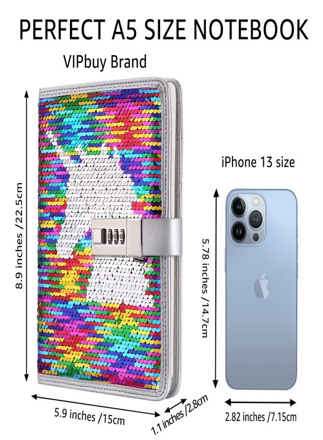 VIPbuy A5 Refillable Diary with Combination Lock,Reversible Sequin Personal Locking Journal Writing Notebook with Card Slots (unicorn) - Image 3