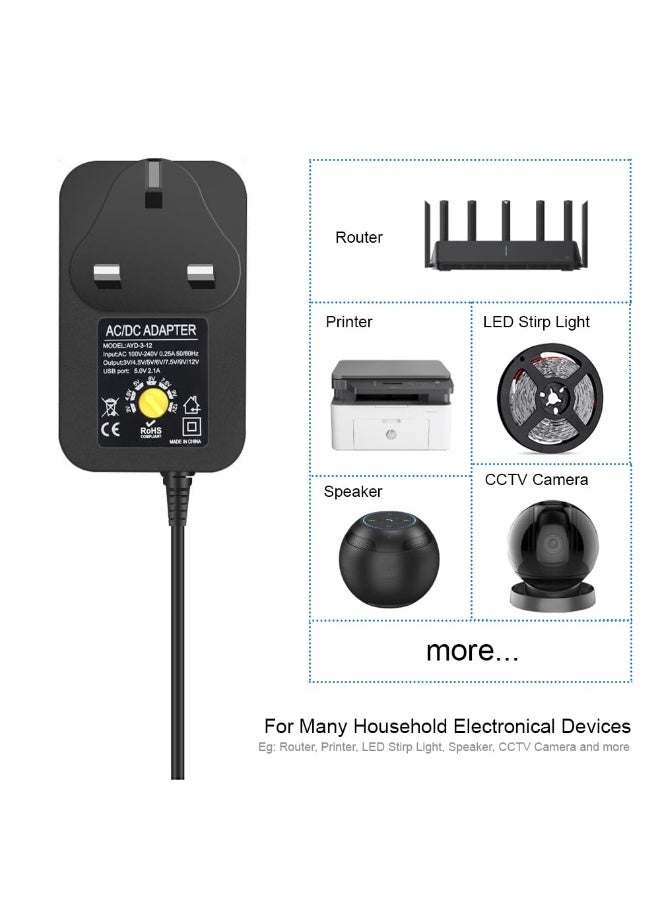 لومس أورا محول طاقة عالمي بقدرة 30 وات، شاحن عالمي بجهد 3 فولت إلى 12 فولت، محول طاقة متعدد الفولت مع 8 أطراف للإلكترونيات المنزلية - Image 5