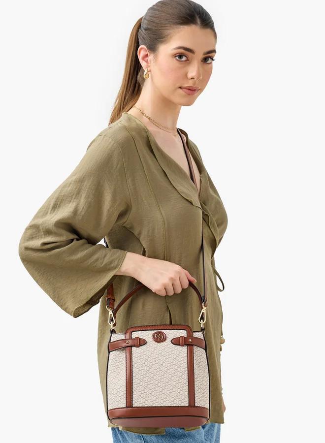 Celeste Monogram Print Shoulder Bag with Detachable Strap and Zip Closure