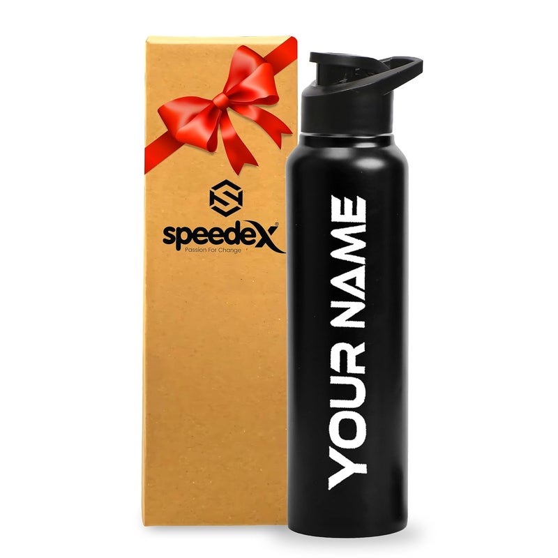 Speedex زجاجة ماء سوداء مخصصة من الفولاذ المقاوم للصدأ سعة 1 لتر مع غطاء شرب – مقاومة للتسرب، خفيفة الوزن، متينة | للأطفال، البالغين، المكتب، المدرسة، والسفر - Image 1