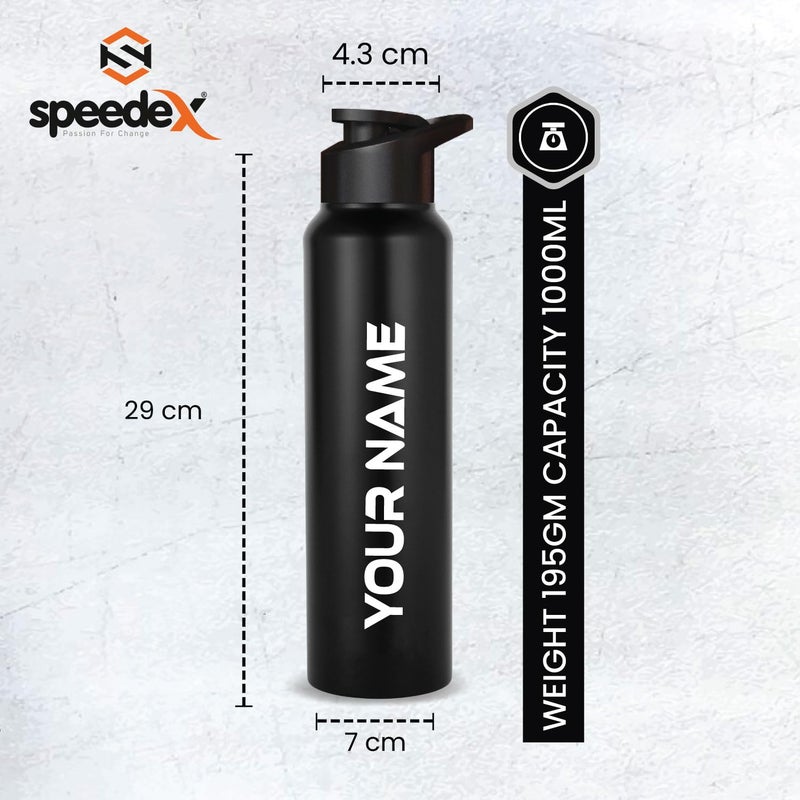 Speedex زجاجة ماء سوداء مخصصة من الفولاذ المقاوم للصدأ سعة 1 لتر مع غطاء شرب – مقاومة للتسرب، خفيفة الوزن، متينة | للأطفال، البالغين، المكتب، المدرسة، والسفر - Image 2