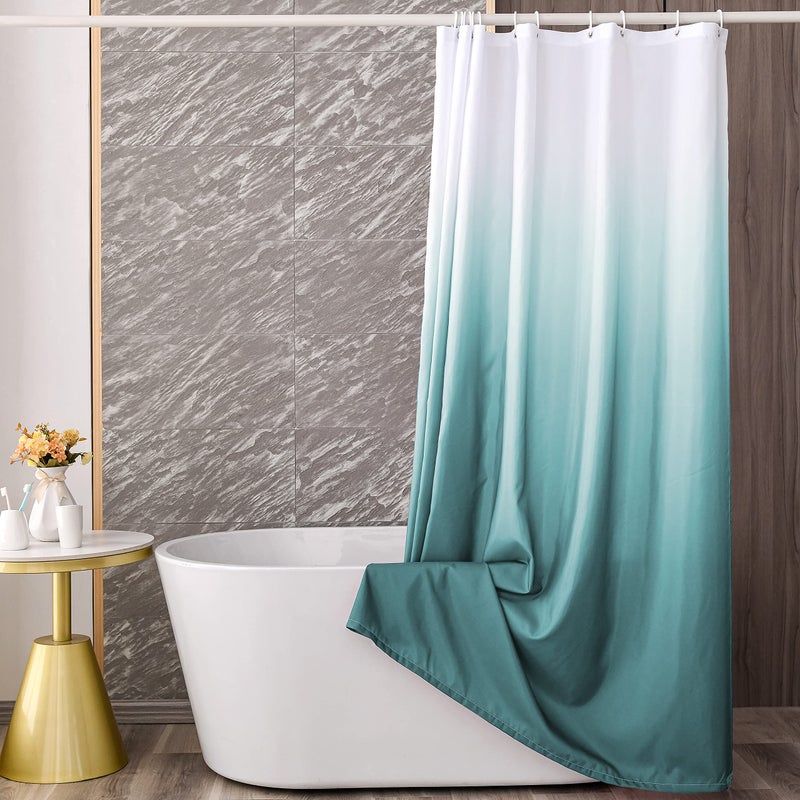 YI & ZE Teal Blue Ombre Shower Curtain Sets for Bathroom Accessories Fabric Polyester Waterproof Modern Shower Curtain Liner with 12 Hooks W72xL72 - Image 2