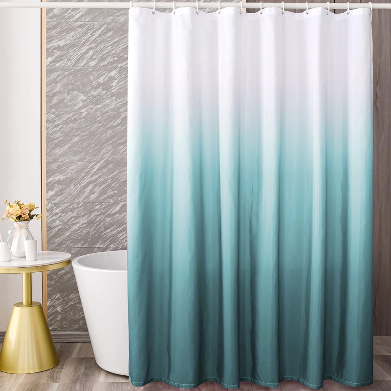 YI & ZE Teal Blue Ombre Shower Curtain Sets for Bathroom Accessories Fabric Polyester Waterproof Modern Shower Curtain Liner with 12 Hooks W72xL72 - Image 1