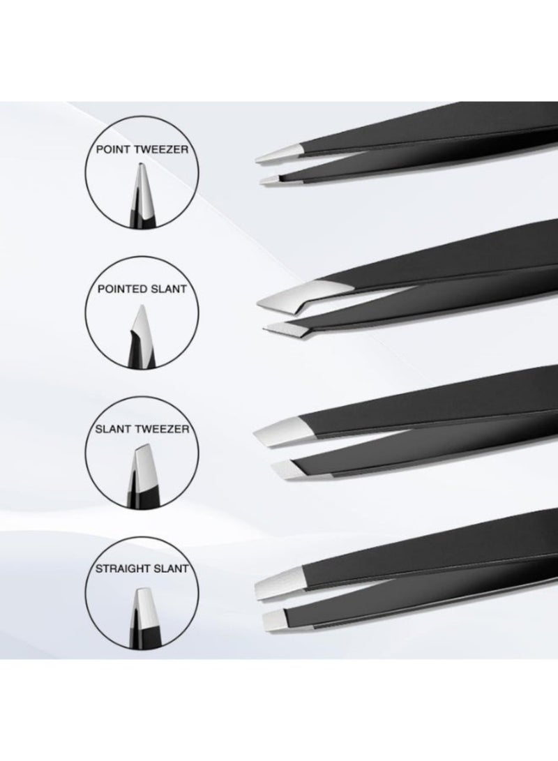 سايكفو [4 Pcs] Precision Stainless Steel Tweezers Set, Professional Slant & Point Tip Tweezers for Eyebrow Shaping, Facial Hair, Ingrown Hair, Splinter Removal (Black) - Image 2