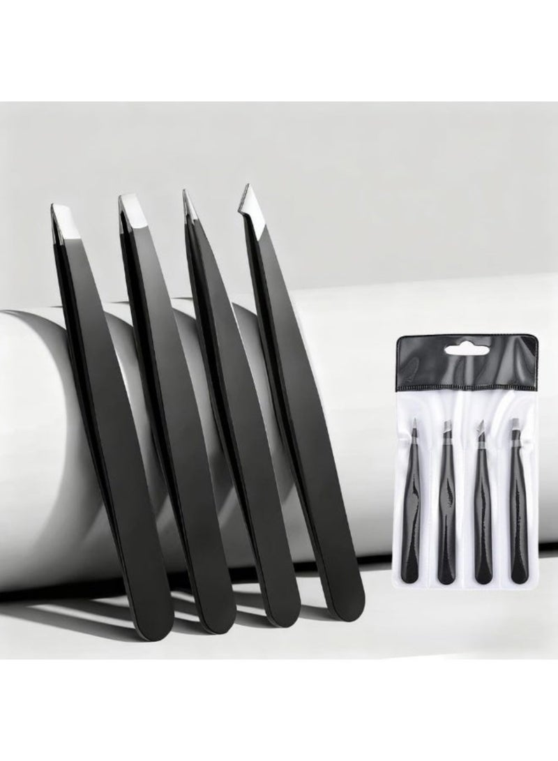 سايكفو [4 Pcs] Precision Stainless Steel Tweezers Set, Professional Slant & Point Tip Tweezers for Eyebrow Shaping, Facial Hair, Ingrown Hair, Splinter Removal (Black) - Image 1