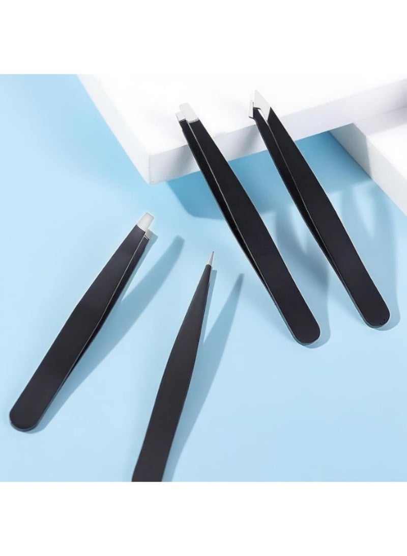 سايكفو [4 Pcs] Precision Stainless Steel Tweezers Set, Professional Slant & Point Tip Tweezers for Eyebrow Shaping, Facial Hair, Ingrown Hair, Splinter Removal (Black) - Image 4