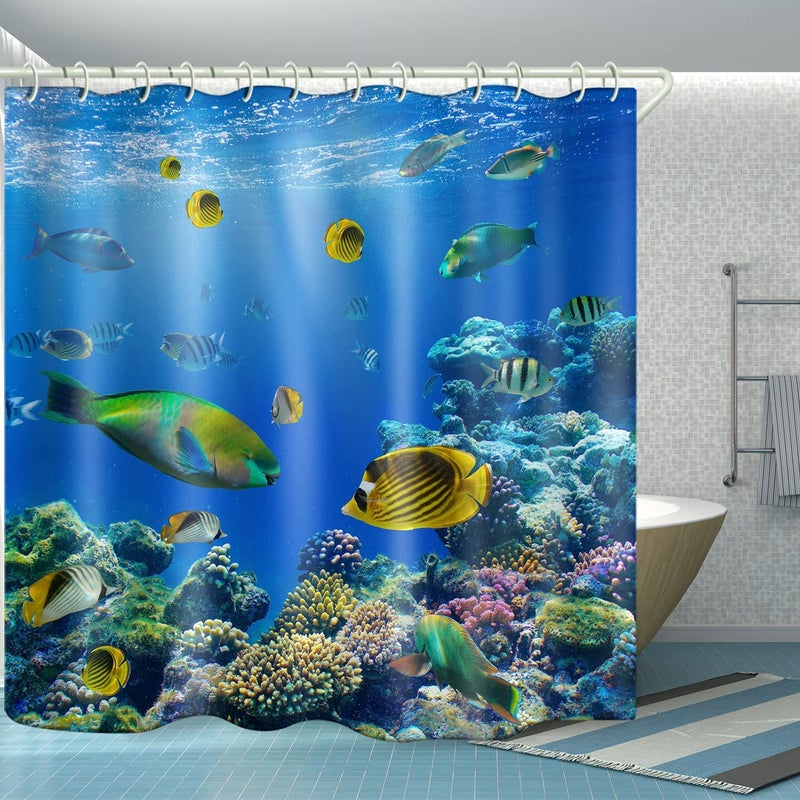LYFANS Waterproof Polyester Fabric Shower Curtains Seaworld Print Large Width Partition Curtain Bathtub Shower Curtain Liner 12 White Hooks 72x72 inches