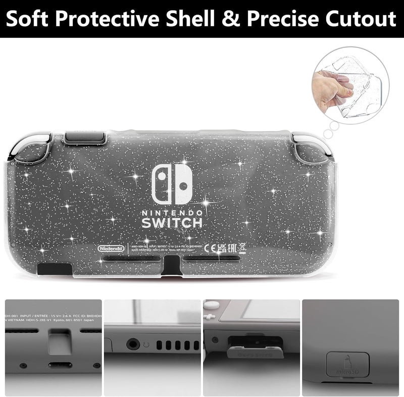 GLDRAM Black Carrying Case for Nintendo Switch Lite, Portable Travel Bag with 8 Game Card Slots, 4 in 1 Accessories Kit with Clear Glitter TPU Protective Shell, Screen Protector and 2 Thumb Grid Caps - Image 5