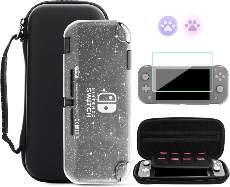 GLDRAM Black Carrying Case for Nintendo Switch Lite, Portable Travel Bag with 8 Game Card Slots, 4 in 1 Accessories Kit with Clear Glitter TPU Protective Shell, Screen Protector and 2 Thumb Grid Caps - Image 1