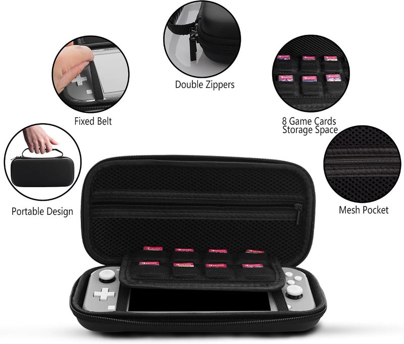 GLDRAM Black Carrying Case for Nintendo Switch Lite, Portable Travel Bag with 8 Game Card Slots, 4 in 1 Accessories Kit with Clear Glitter TPU Protective Shell, Screen Protector and 2 Thumb Grid Caps - Image 2