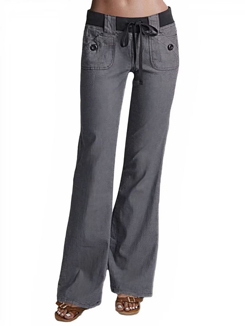 Flamingals Low Rise Cargo Wide Leg Pants for Women Drawstring Flap Pockets Y2K Bow Tie Casual Flare Pants Dark Gray L - Image 1