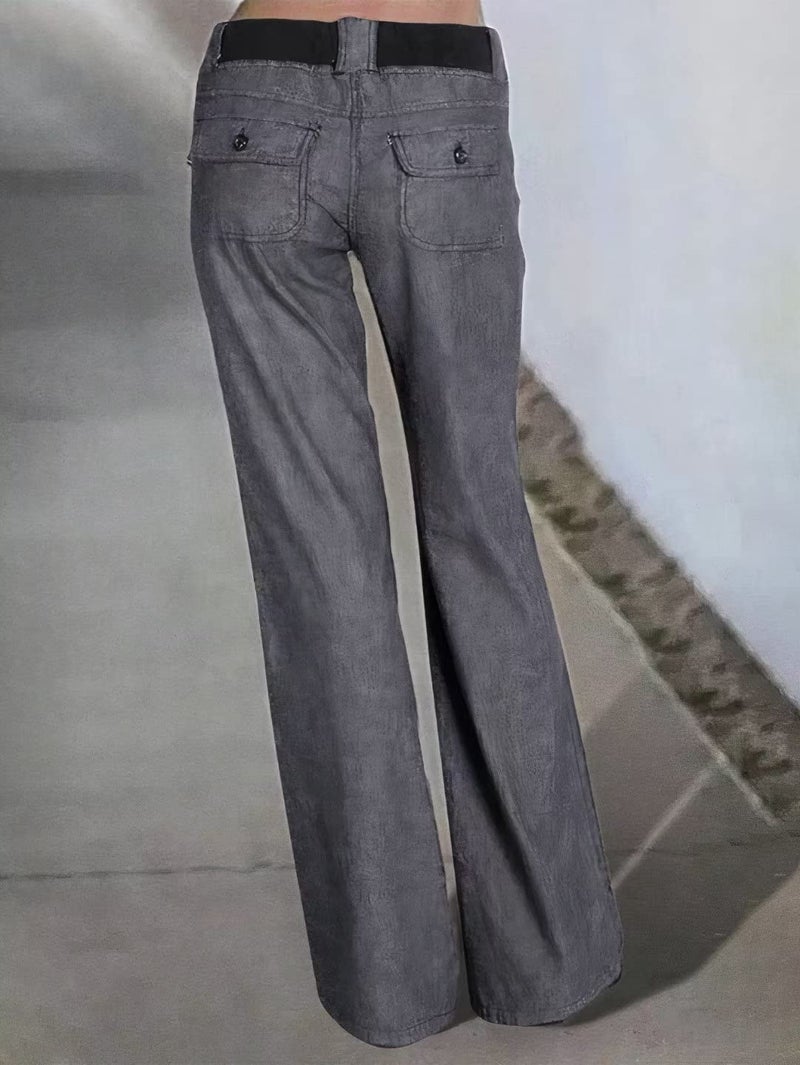 Flamingals Low Rise Cargo Wide Leg Pants for Women Drawstring Flap Pockets Y2K Bow Tie Casual Flare Pants Dark Gray L - Image 4