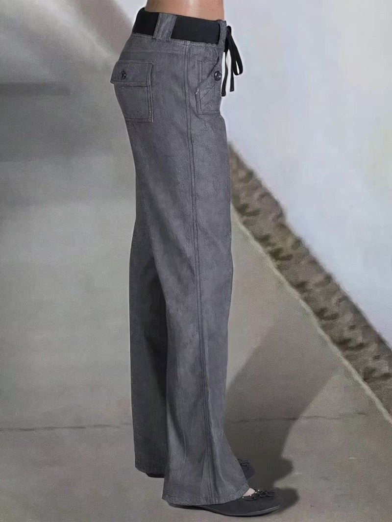 Flamingals Low Rise Cargo Wide Leg Pants for Women Drawstring Flap Pockets Y2K Bow Tie Casual Flare Pants Dark Gray L - Image 2