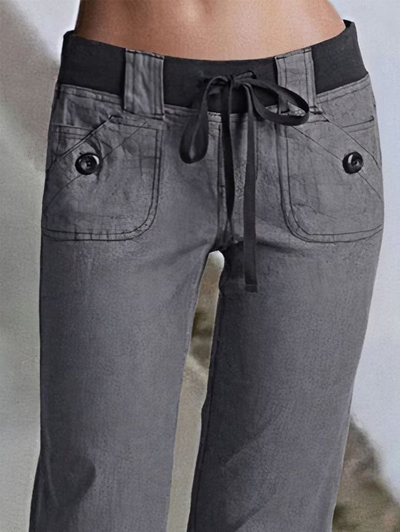 Flamingals Low Rise Cargo Wide Leg Pants for Women Drawstring Flap Pockets Y2K Bow Tie Casual Flare Pants Dark Gray L - Image 3