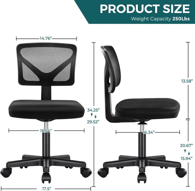 DUMOS Armless Office Chairs with Wheels, Ergonomic Adjustable Home Desk Swivel Rolling Task Chair No Arms, Comfy Mesh Mid Back Computer Work Vanity Desk Chairs for Small Spaces, New Black - Image 2