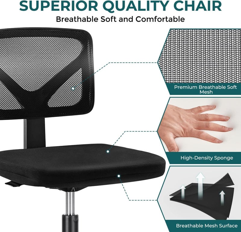 DUMOS Armless Office Chairs with Wheels, Ergonomic Adjustable Home Desk Swivel Rolling Task Chair No Arms, Comfy Mesh Mid Back Computer Work Vanity Desk Chairs for Small Spaces, New Black - Image 4