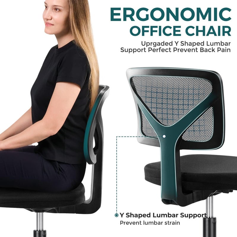 DUMOS Armless Office Chairs with Wheels, Ergonomic Adjustable Home Desk Swivel Rolling Task Chair No Arms, Comfy Mesh Mid Back Computer Work Vanity Desk Chairs for Small Spaces, New Black - Image 3
