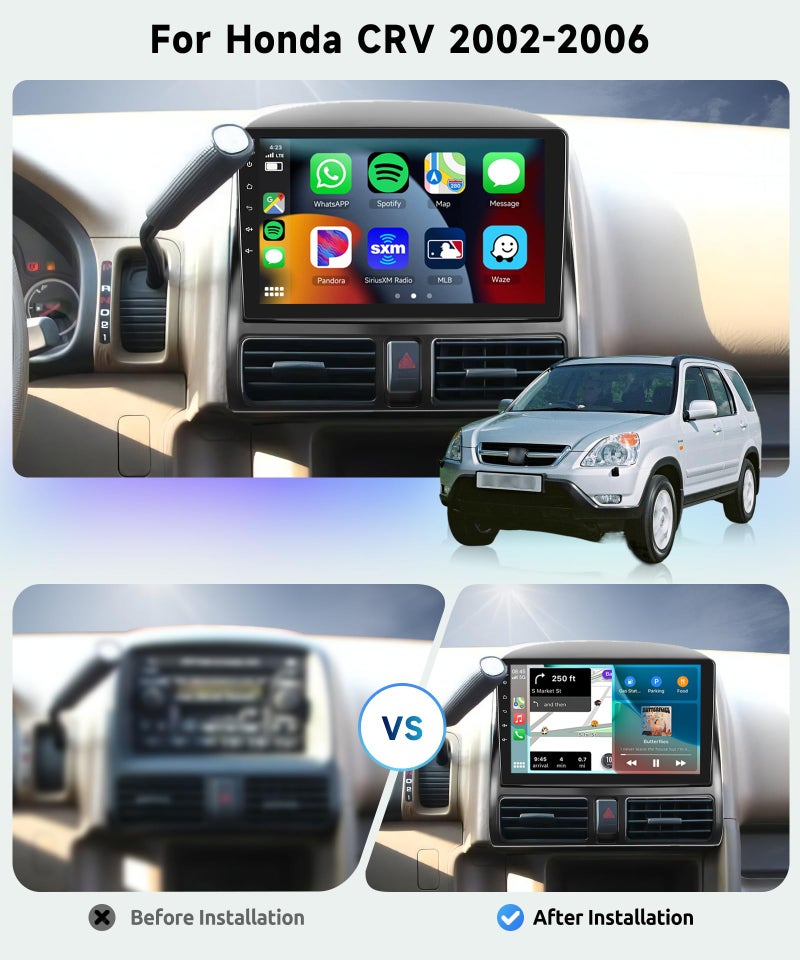 Podofo 8 CORE 4G+64G Car Stereo Radio for Honda CRV 2002-2006 with Wireless CarPlay Android Auto, 9 Inch 1280 * 720P IPS Touch Screen Head Unit Android 13 GPS WiFi Bluetooth 32-Band DSP SWC HD Camera - Image 2